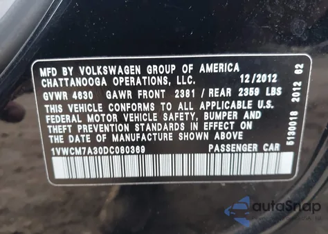 2013 Volkswagen Passat 3.6L V6 Sel Premium z USA, uszkodzony, nr VIN 1VWCM7A30DC080369